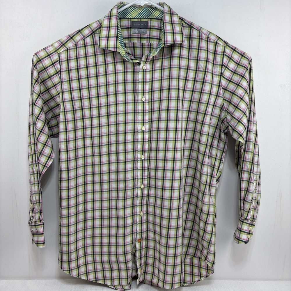 Thomas Dean TD Mens XXL Button Up Green‎ & Pink Plaid Print Flip Cuff Cotton